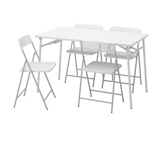 TORPARÖ Table+4 folding chairs, outdoor, white/white/grey, 130 cm