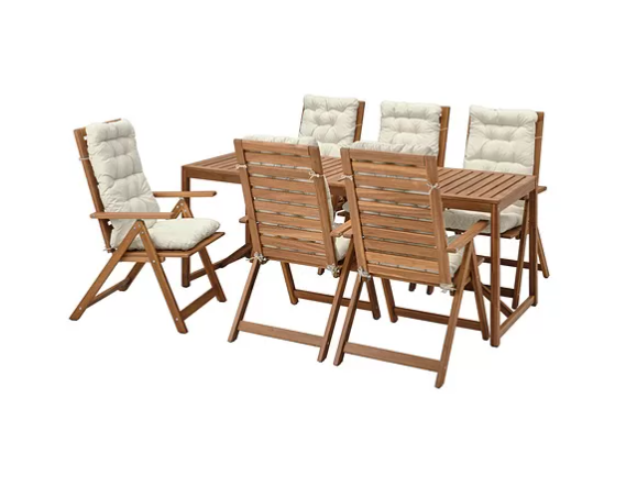 NÄMMARÖ Table+6 reclining chairs, outdoor, light brown stained/kuddarna beige