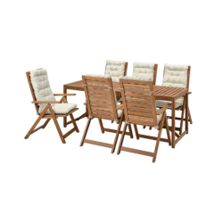 NÄMMARÖ Table+6 reclining chairs, outdoor, light brown stained/kuddarna beige