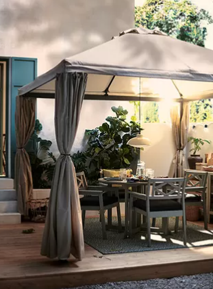 HIMMELSÖ Gazebo with curtains, dark grey/grey-beige